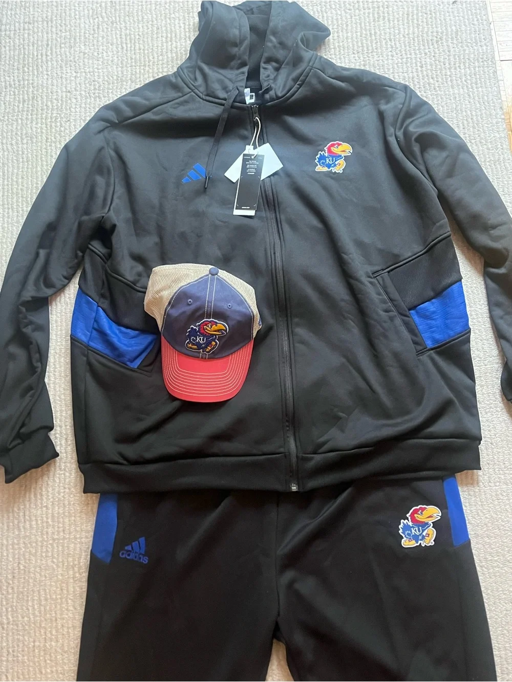 adidas Black and Blue Kansas Jayhawks Warm Up set + Hat